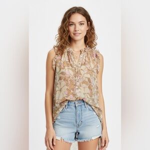 For Love & Lemons Women's XS Yellow Renata Floral Ruffle Sleeveless Blouse Boho